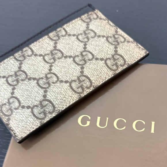 GUCCI GG Supreme Canvas w Leather trim compact card holder beige/ebony - Picture 10 of 15
